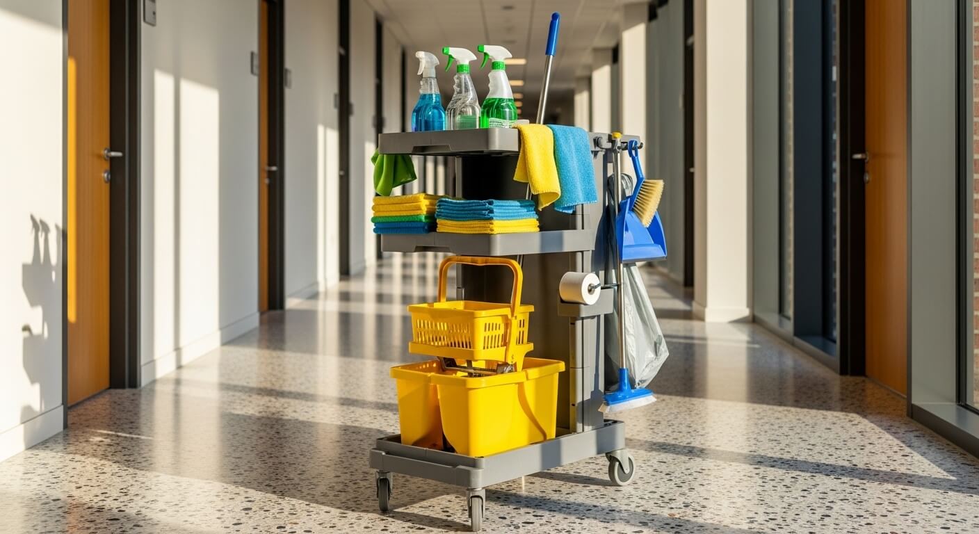 Professionele schoonmaker maakt een kantoorvloer schoon